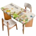 thumbnail image 1 of Easter Table Cloths for 3 Foot Rectangle Tables, Farmhouse Flowers Wreath Sheep Rabbits Duck Eggs Patio Waterproof Elastic Fitted Tablecloths, Washable Rectangular Table Cover for Camping, 1 of 8