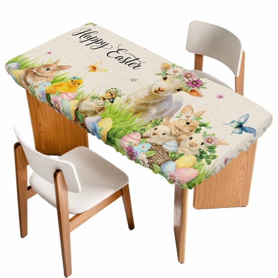 Easter Table Cloths for 3 Foot Rectangle Tables, Farmhouse Flowers Wreath Sheep Rabbits Duck Eggs Patio Waterproof Elastic Fitted Tablecloths, Washable Rectangular Table Cover for Camping
