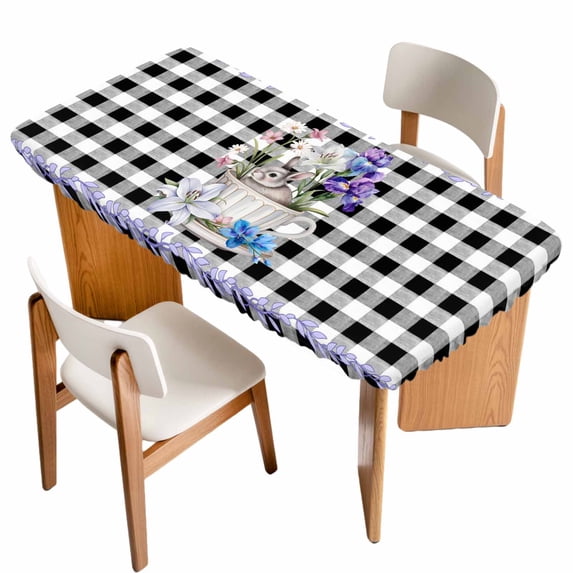 Easter Table Cloths for 3 Foot Rectangle Tables, Spring Bunny Botanical Blooms Flowers Black Plaid Patio Waterproof Elastic Fitted Tablecloths, Washable Rectangular Table Cover for Camping