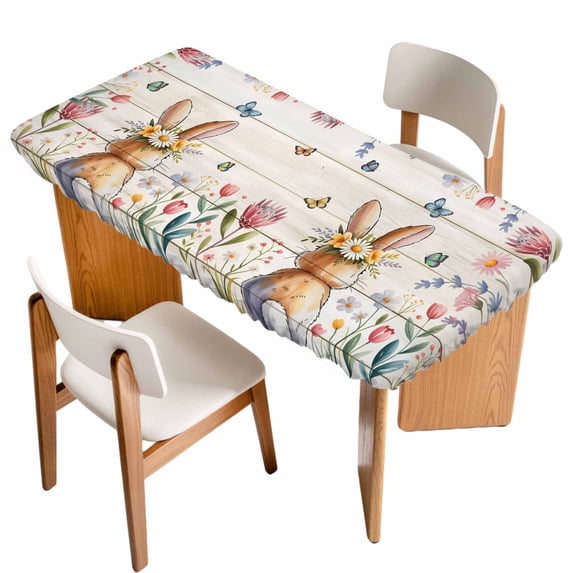 Easter Table Cloths for 3 Foot Rectangle Tables, Spring Bunny Butterfly Botanical Wooden Grain Patio Waterproof Elastic Fitted Tablecloths, Washable Rectangular Table Cover for Camping