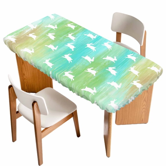 Easter Table Cloths for 3 Foot Rectangle Tables, Spring Bunny Silhouette Blue Green Gradient Patio Waterproof Elastic Fitted Tablecloths, Washable Rectangular Table Cover for Camping