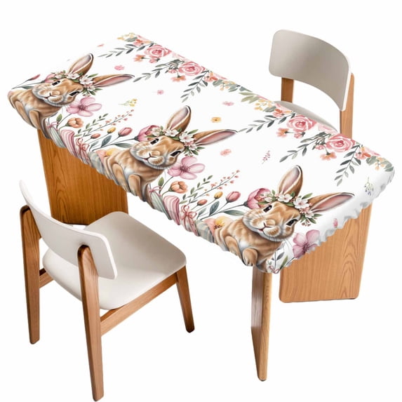 Easter Table Cloths for 3 Foot Rectangle Tables, Spring Cute Rabbit Eggs Botanical Flowers Rose Patio Waterproof Elastic Fitted Tablecloths, Washable Rectangular Table Cover for Camping