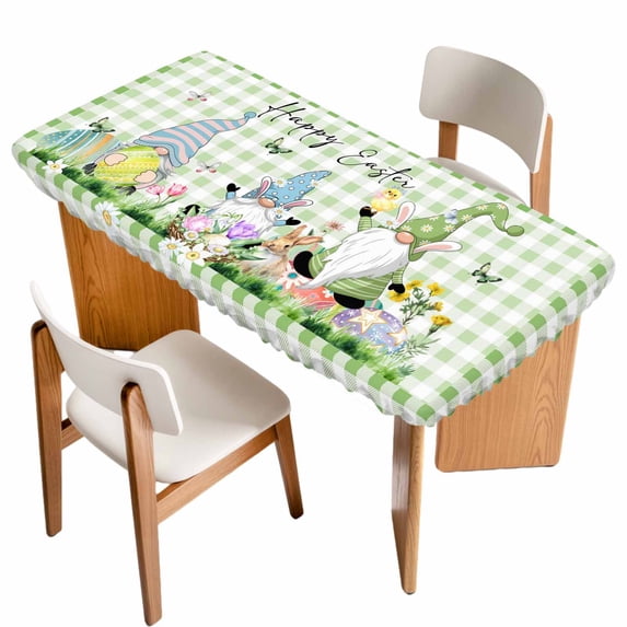 Easter Table Cloths for 3 Foot Rectangle Tables, Spring Gnomes Flowers Rabbit Butterfly Green Plaid Patio Waterproof Elastic Fitted Tablecloths, Washable Rectangular Table Cover for Camping