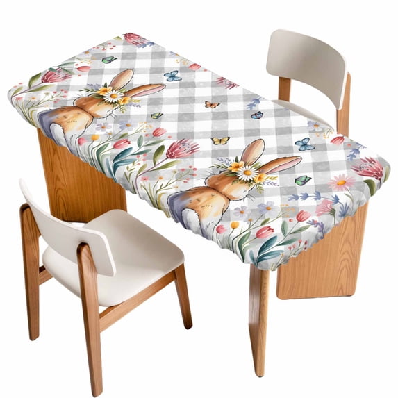 Easter Table Cloths for 3 Foot Rectangle Tables, Spring Rabbit Butterfly Botanical Florals Grey Plaid Patio Waterproof Elastic Fitted Tablecloths, Washable Rectangular Table Cover for Camping