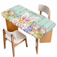 thumbnail image 1 of Easter Table Cloths for 3 Foot Rectangle Tables, Spring Rabbit Ear Eggs Floral Green Wooden Grain Patio Waterproof Elastic Fitted Tablecloths, Washable Rectangular Table Cover for Camping, 1 of 8