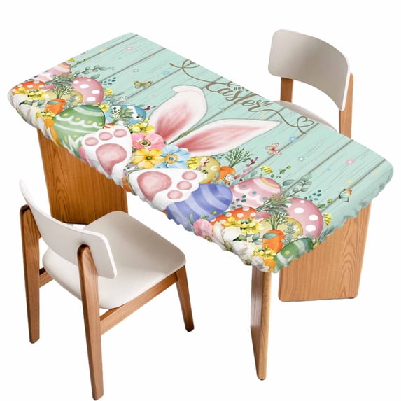 Easter Table Cloths for 3 Foot Rectangle Tables, Spring Rabbit Ear Eggs Floral Green Wooden Grain Patio Waterproof Elastic Fitted Tablecloths, Washable Rectangular Table Cover for Camping