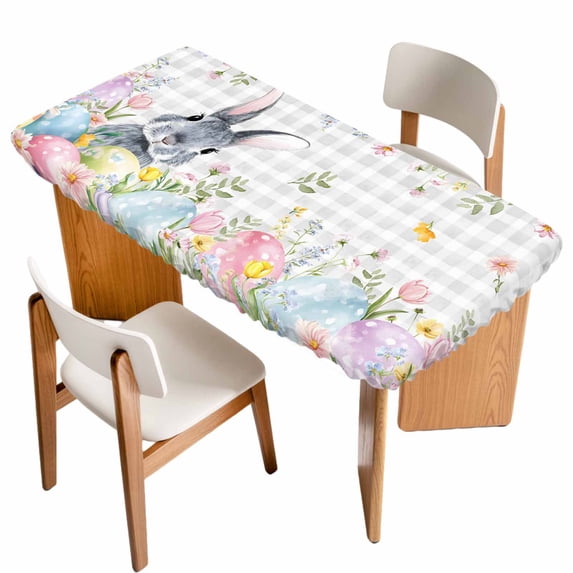 Easter Table Cloths for 3 Foot Rectangle Tables, Spring Rabbit Eggs Flowers Leaves Grey Plaid Patio Waterproof Elastic Fitted Tablecloths, Washable Rectangular Table Cover for Camping