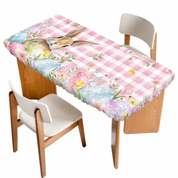 Easter Table Cloths for 3 Foot Rectangle Tables, Spring Rabbit Eggs Nature Botanicals Pink Plaid Patio Waterproof Elastic Fitted Tablecloths, Washable Rectangular Table Cover for Camping