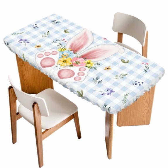 Easter Table Cloths for 3 Foot Rectangle Tables, Spring Rabbits Ears Feet Floral Blue Lattice Patio Waterproof Elastic Fitted Tablecloths, Washable Rectangular Table Cover for Camping