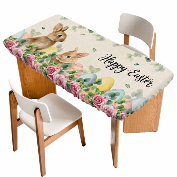 Easter Table Cloths for 3 Foot Rectangle Tables, Spring Watercolor Bunny Eggs Flower Leaf Beige Patio Waterproof Elastic Fitted Tablecloths, Washable Rectangular Table Cover for Camping