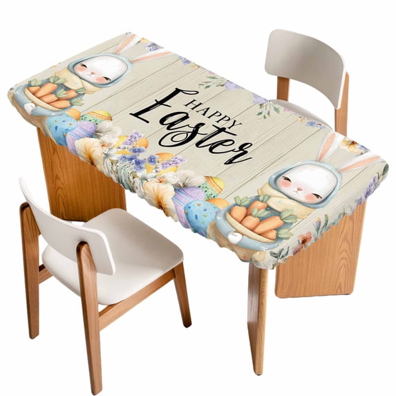 Easter Table Cloths for 3 Foot Rectangle Tables, Spring Watercolor Bunny Eggs Flowers Wood Grain Patio Waterproof Elastic Fitted Tablecloths, Washable Rectangular Table Cover for Camping