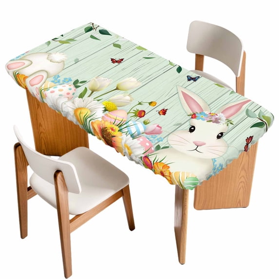 Easter Table Cloths for 3 Foot Rectangle Tables, Spring Watercolor Bunny Eggs Tulip Wooden Grain Teal Patio Waterproof Elastic Fitted Tablecloths, Washable Rectangular Table Cover for Camping