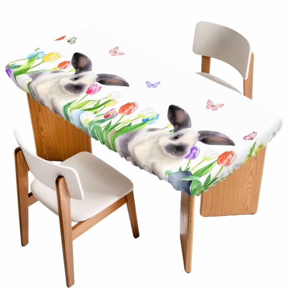 Easter Table Cloths for 3 Foot Rectangle Tables, Spring Watercolor Flowers Bunny Butterfly Eggs Patio Waterproof Elastic Fitted Tablecloths, Washable Rectangular Table Cover for Camping