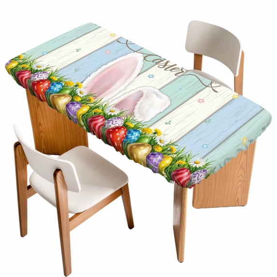 Easter Table Cloths for 3 Foot Rectangle Tables, Wooden Bunny Colorful Eggs Spring Floral Botanical Patio Waterproof Elastic Fitted Tablecloths, Washable Rectangular Table Cover for Camping
