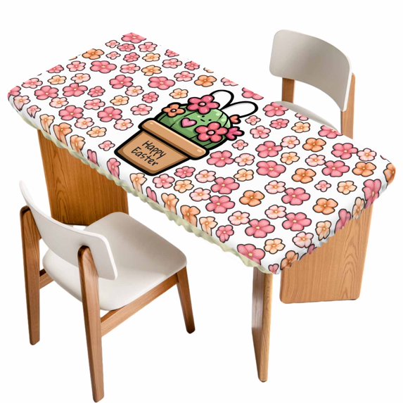 Easter Table Cloths for 4 Foot Rectangle Tables, Bunny Ears Spring Pink Flowers Potted Plant Country Patio Waterproof Elastic Fitted Tablecloths, Washable Rectangular Table Cover for Camping