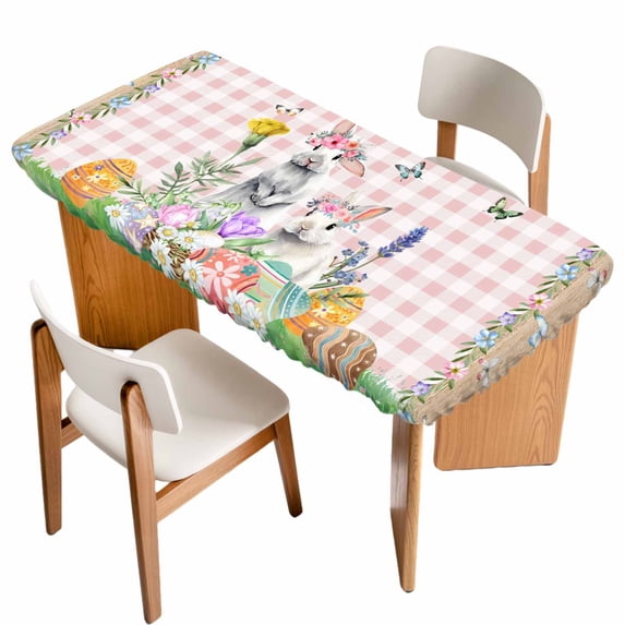 Easter Table Cloths for 4 Foot Rectangle Tables, Cute Bunny Eggs Flowers Plants Pink Checkered Patio Waterproof Elastic Fitted Tablecloths, Washable Rectangular Table Cover for Camping