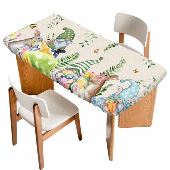 Easter Table Cloths for 4 Foot Rectangle Tables, Eggs Gnomes Bunny Elegant Pastoral Rustic Patio Waterproof Elastic Fitted Tablecloths, Washable Rectangular Table Cover for Camping