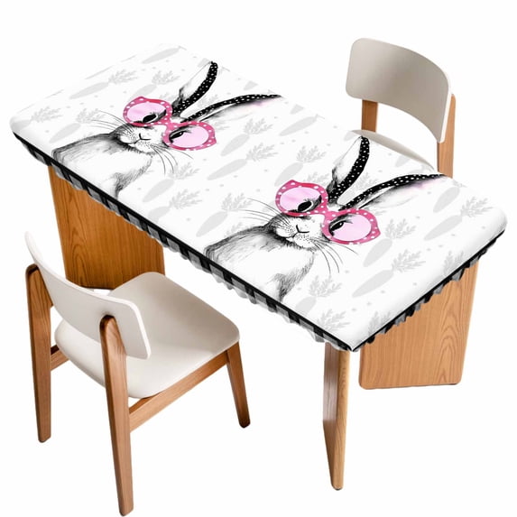Easter Table Cloths for 4 Foot Rectangle Tables, Funny Rabbit Carrots Black White Buffalo Plaid Patio Waterproof Elastic Fitted Tablecloths, Washable Rectangular Table Cover for Camping