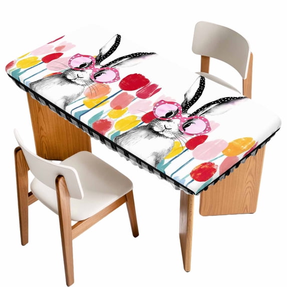 Easter Table Cloths for 4 Foot Rectangle Tables, Rabbit Spring Botanical Flowers Black White Lattice Patio Waterproof Elastic Fitted Tablecloths, Washable Rectangular Table Cover for Camping