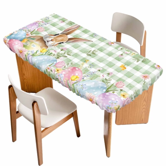 Easter Table Cloths for 4 Foot Rectangle Tables, Spring Bunny Colorful Eggs Floral Leaves Grey Plaid Patio Waterproof Elastic Fitted Tablecloths, Washable Rectangular Table Cover for Camping