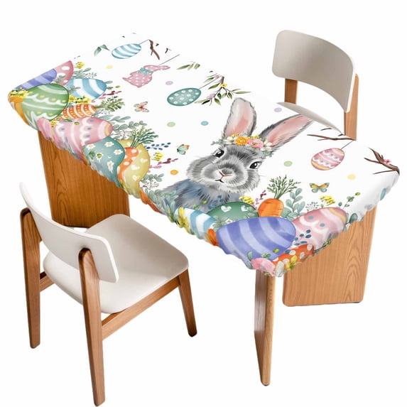 Easter Table Cloths for 4 Foot Rectangle Tables, Spring Bunny Eggs Botanical Leaves Tree Branch Patio Waterproof Elastic Fitted Tablecloths, Washable Rectangular Table Cover for Camping