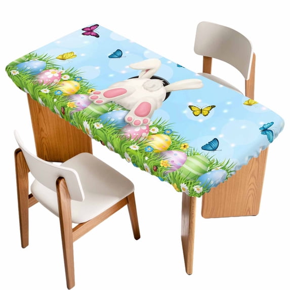 Easter Table Cloths for 4 Foot Rectangle Tables, Spring Colorful Easter Eggs Bunny Butterfly Blue Patio Waterproof Elastic Fitted Tablecloths, Washable Rectangular Table Cover for Camping