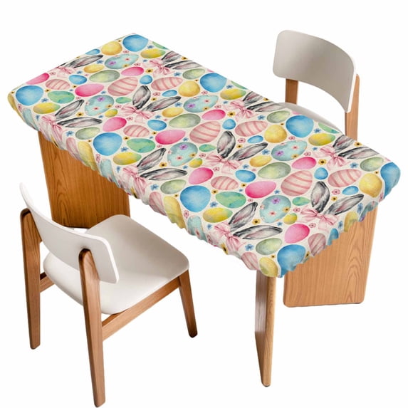 Easter Table Cloths for 4 Foot Rectangle Tables, Spring Colorful Eggs Bunny Flower Plant Beige Patio Waterproof Elastic Fitted Tablecloths, Washable Rectangular Table Cover for Camping