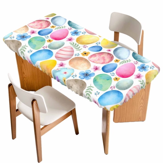Easter Table Cloths for 4 Foot Rectangle Tables, Spring Country Colorful Eggs Flower Leaf Plant Patio Waterproof Elastic Fitted Tablecloths, Washable Rectangular Table Cover for Camping
