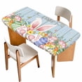 thumbnail image 1 of Easter Table Cloths for 4 Foot Rectangle Tables, Spring Eggs Rabbit Ear Flowers Wooden Grain Patio Waterproof Elastic Fitted Tablecloths, Washable Rectangular Table Cover for Camping, 1 of 8