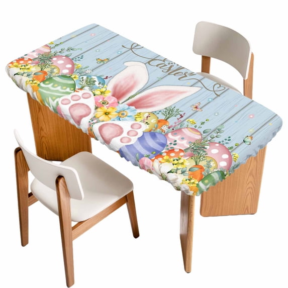 Easter Table Cloths for 4 Foot Rectangle Tables, Spring Eggs Rabbit Ear Flowers Wooden Grain Patio Waterproof Elastic Fitted Tablecloths, Washable Rectangular Table Cover for Camping