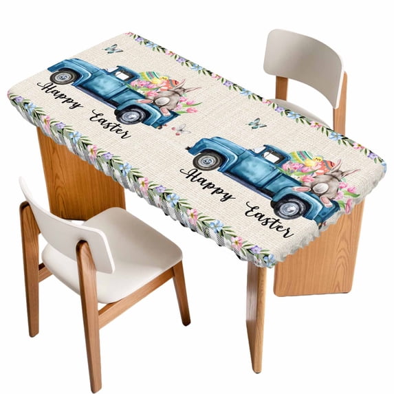 Easter Table Cloths for 4 Foot Rectangle Tables, Spring Farmhouse Truck Rabbit Eggs Floral Plaid Patio Waterproof Elastic Fitted Tablecloths, Washable Rectangular Table Cover for Camping