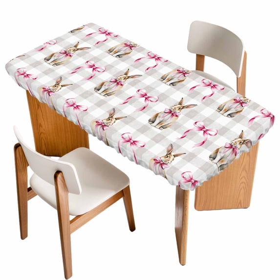 Easter Table Cloths for 4 Foot Rectangle Tables, Spring Pink Bow Rabbit Grey White Gingham Plaid Patio Waterproof Elastic Fitted Tablecloths, Washable Rectangular Table Cover for Camping