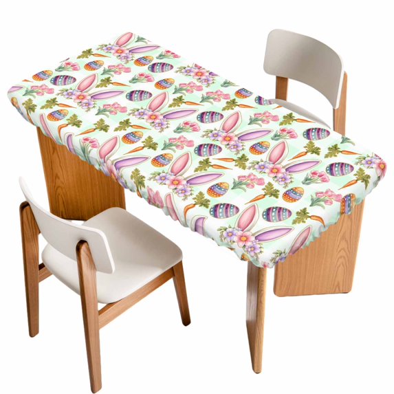 Easter Table Cloths for 4 Foot Rectangle Tables, Spring Rabbit Ears Eggs Carrots Floral Green Plaid Patio Waterproof Elastic Fitted Tablecloths, Washable Rectangular Table Cover for Camping