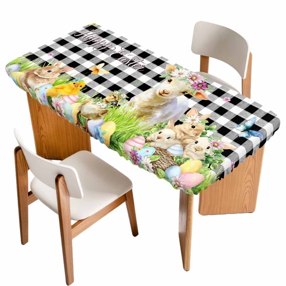 Easter Table Cloths for 4 Foot Rectangle Tables, Spring Rabbit Sheep Duck Eggs Plants Black Plaid Patio Waterproof Elastic Fitted Tablecloths, Washable Rectangular Table Cover for Camping