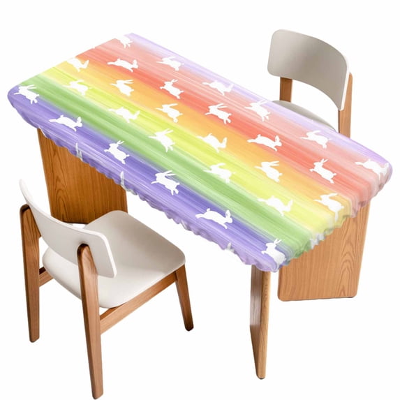 Easter Table Cloths for 4 Foot Rectangle Tables, Spring Rabbit Silhouette Colorful Rainbow Graffiti Patio Waterproof Elastic Fitted Tablecloths, Washable Rectangular Table Cover for Camping