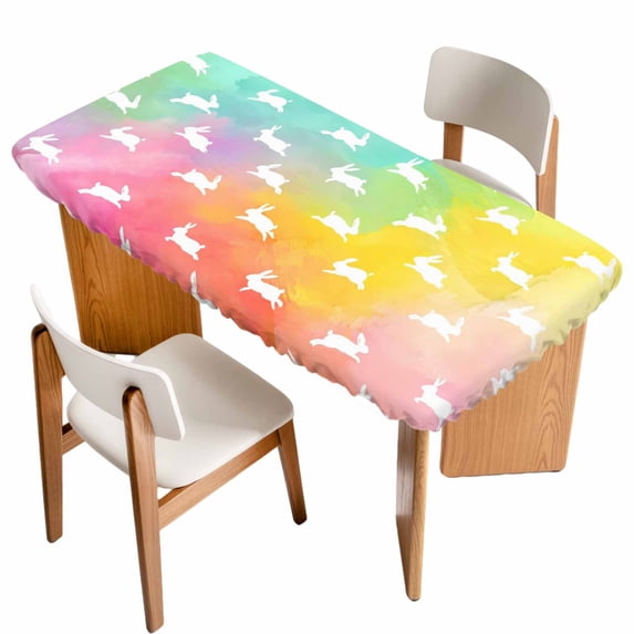 Easter Table Cloths for 4 Foot Rectangle Tables, Spring Rabbits Silhouette Rainbow Ombre Art Patio Waterproof Elastic Fitted Tablecloths, Washable Rectangular Table Cover for Camping