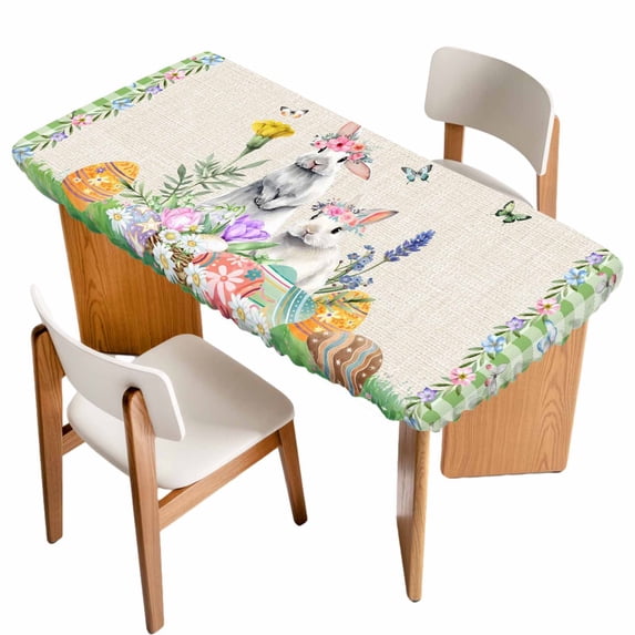 Easter Table Cloths for 4 Foot Rectangle Tables, Spring Rustic Rabbit Botanical Flowers Eggs Plaid Patio Waterproof Elastic Fitted Tablecloths, Washable Rectangular Table Cover for Camping