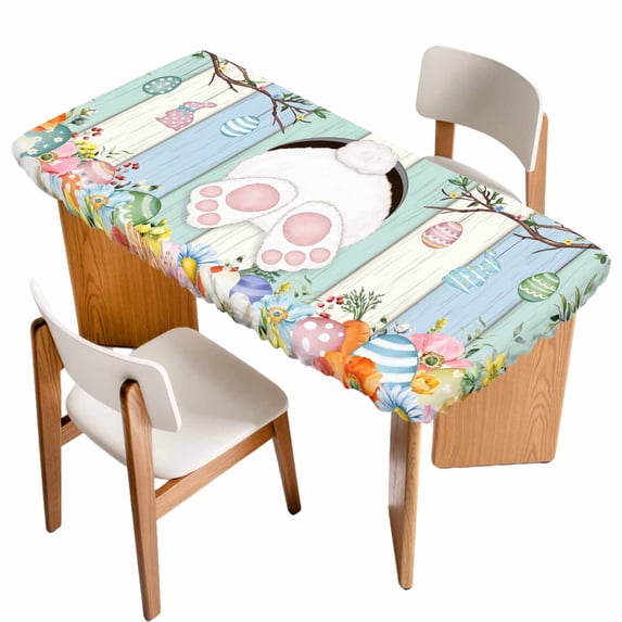 Easter Table Cloths for 4 Foot Rectangle Tables, Spring Watercolor Bunny Eggs Wood Grain Teal Blue Patio Waterproof Elastic Fitted Tablecloths, Washable Rectangular Table Cover for Camping
