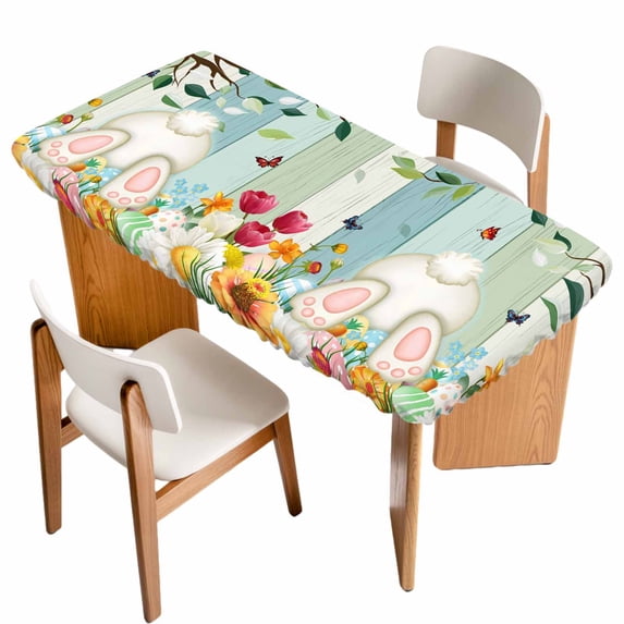 Easter Table Cloths for 4 Foot Rectangle Tables, Spring Watercolor Eggs Country Tulip Wooden Grain Patio Waterproof Elastic Fitted Tablecloths, Washable Rectangular Table Cover for Camping