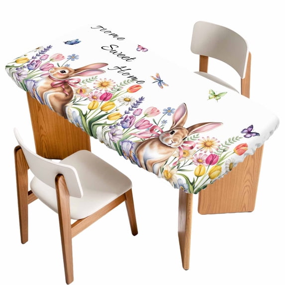 Easter Table Cloths for 4 Foot Rectangle Tables, Spring Watercolor Tulip Butterfly Flower Plant Patio Waterproof Elastic Fitted Tablecloths, Washable Rectangular Table Cover for Camping
