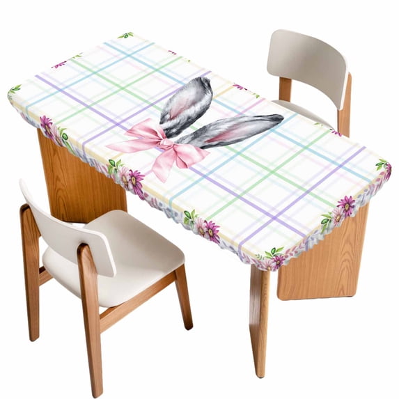 Easter Table Cloths for 5 Foot Rectangle Tables, Cute Rabbits Ears Bow Daisy Flower Watercolor Plaid Patio Waterproof Elastic Fitted Tablecloths, Washable Rectangular Table Cover for Camping