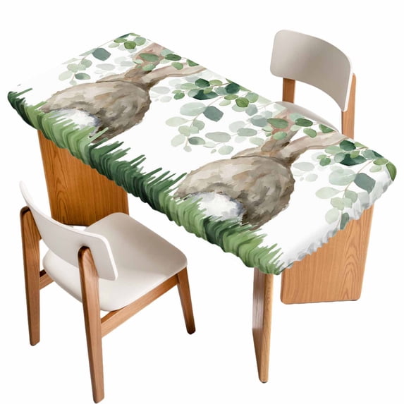 Easter Table Cloths for 5 Foot Rectangle Tables, Spring Bunny Botanical Eucalyptus Leaves Plants Patio Waterproof Elastic Fitted Tablecloths, Washable Rectangular Table Cover for Camping