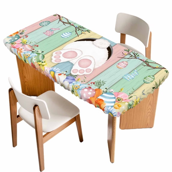Easter Table Cloths for 5 Foot Rectangle Tables, Spring Colorful Bunny Eggs Flower Wood Grain Patio Waterproof Elastic Fitted Tablecloths, Washable Rectangular Table Cover for Camping