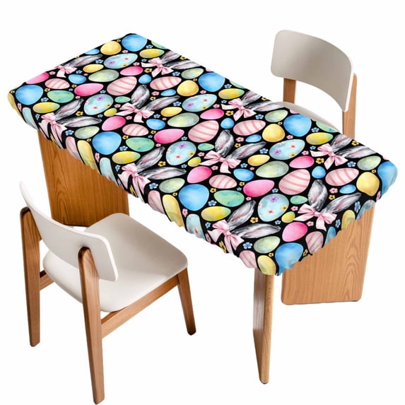 Easter Table Cloths for 5 Foot Rectangle Tables, Spring Colorful Eggs Bunny Flower Plant Black Patio Waterproof Elastic Fitted Tablecloths, Washable Rectangular Table Cover for Camping