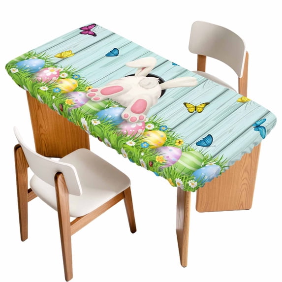 Easter Table Cloths for 5 Foot Rectangle Tables, Spring Easter Eggs Bunny Teal Wooden Grain Patio Waterproof Elastic Fitted Tablecloths, Washable Rectangular Table Cover for Camping