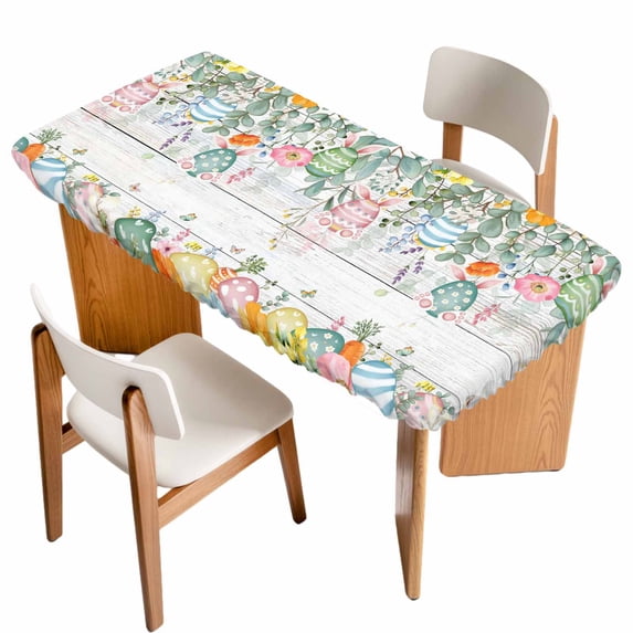 Easter Table Cloths for 5 Foot Rectangle Tables, Spring Eggs Eucalyptus Leaves Wooden Grain Patio Waterproof Elastic Fitted Tablecloths, Washable Rectangular Table Cover for Camping