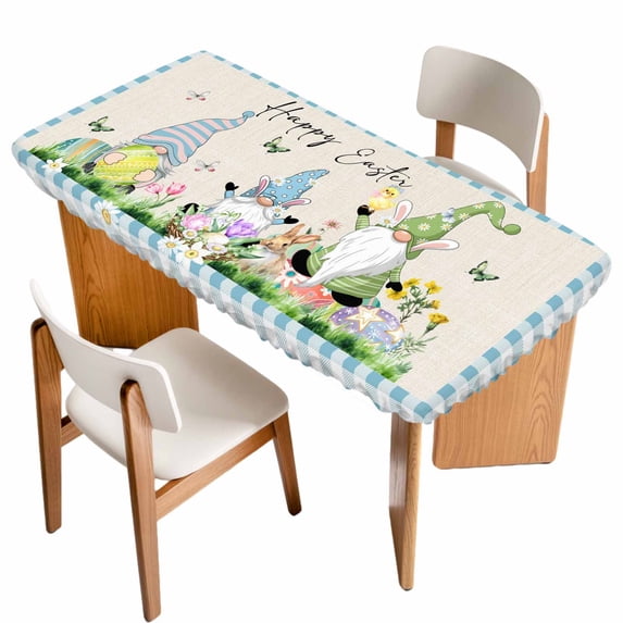Easter Table Cloths for 5 Foot Rectangle Tables, Spring Gnomes Bunny Butterfly Duck Floral Plaid Patio Waterproof Elastic Fitted Tablecloths, Washable Rectangular Table Cover for Camping