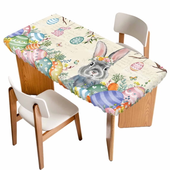 Easter Table Cloths for 5 Foot Rectangle Tables, Spring Grey Bunny Colorful Eggs Tree Butterfly Patio Waterproof Elastic Fitted Tablecloths, Washable Rectangular Table Cover for Camping
