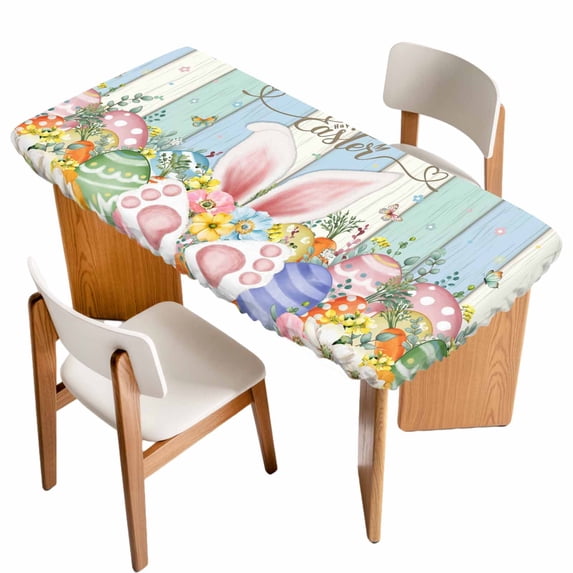 Easter Table Cloths for 5 Foot Rectangle Tables, Spring Rabbit Ear Eggs Floral Butterfly Wooden Patio Waterproof Elastic Fitted Tablecloths, Washable Rectangular Table Cover for Camping