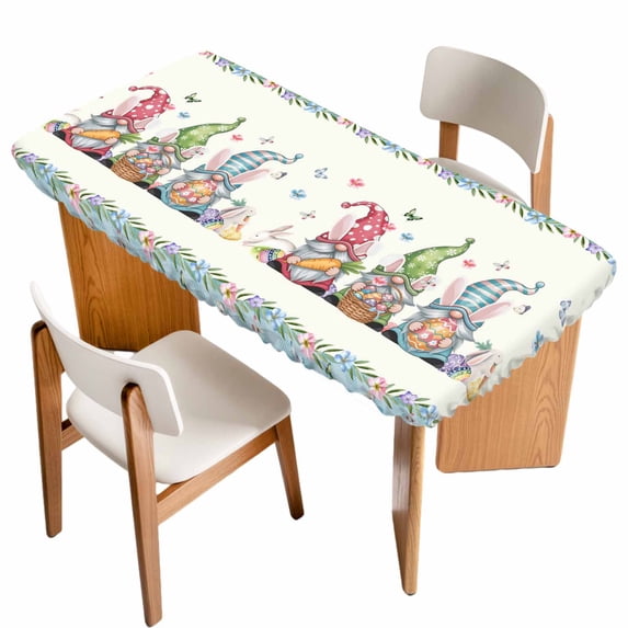 Easter Table Cloths for 5 Foot Rectangle Tables, Spring Rabbit Ear Gnomes Eggs Floral Lattice Patio Waterproof Elastic Fitted Tablecloths, Washable Rectangular Table Cover for Camping